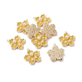 Enamel Pendants, with Brass Findings and Acrylic Pearl, Real 18K Gold Plated, Flower