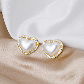 925 Silver Heart-shaped Pearl Earrings with Vintage Diamond Inlay - Japanese Style, Retro.
