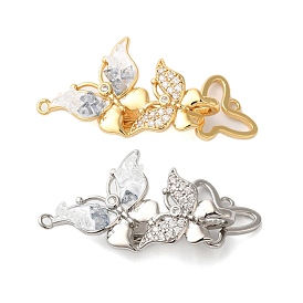 Brass Micro Pave Clear Cubic Zirconia Fold Over Clasps, with Glass & Enamel, Butterfly