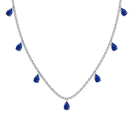 Rhodium Plated 925 Sterling Silver Pave Blue Cubic Zirconia Cable Chain Teardrop Tassel Necklaces for Women