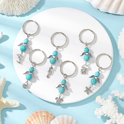 Брелки в виде ангела из синтетического бирюзового сплава в тибетском стиле, 304 кольца прыжок из нержавеющей стали, железная фурнитура