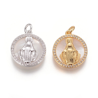 Латунные подвески, с микро проложить кубического циркония, раковины и прыжковые кольца, плоские круглые с Девой Марией, прозрачные