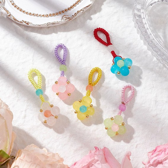 5Pcs 5 Colors Baking Paint Imitation Jade Glass Woven Clover Pendant Decorations, Nylon Thread Hanging Ornaments