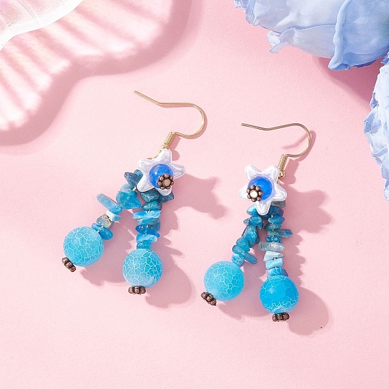 Серьги-подвески из натуральных смешанных камней в форме цветка, с 304 фурнитурой для сережек из нержавеющей стали и сплава в тибетском стиле, золотые