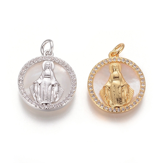 Латунные подвески, с микро проложить кубического циркония, раковины и прыжковые кольца, плоские круглые с Девой Марией, прозрачные