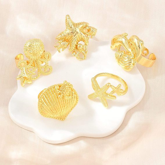 Ocean Brass Cuff Open Rings, Lead Free & Cadmium Free, Long-Lasting Plated, Rack Plating, Real 18K Gold Plated