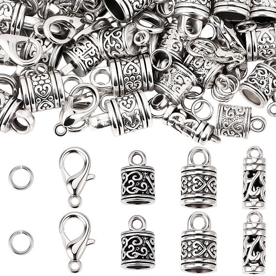 60 шт. 3 стили тибетский стиль цинковый сплав конец шнура, колонка, в комплекте 50 застежки-карабины из цинкового сплава и 100 латунные соединительные кольца.