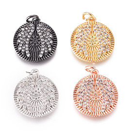 Латунные микро проложить кубического циркония подвески, с прыжковых колец, плоско-круглые, с рисунком крыльев, прозрачные