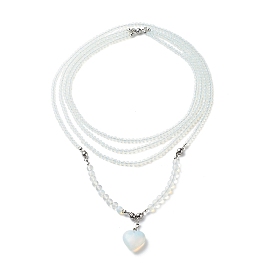 2 pcs 2 ensemble de colliers pendentif coeur opalite de style, colliers multi-rangs à triple couche de perles roudn avec fermoir magnétique en laiton pour femmes