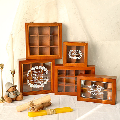 Wooden Jewelry Storage Box, Chocolate Case with Clear Glass Window, Rectangle with Flower/None Pattern