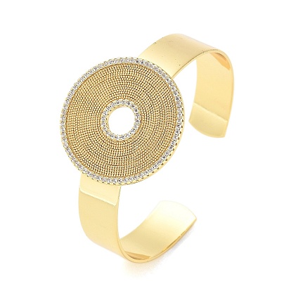 Brass Micro Pave Clear Cubic Zirconia Flat Round Open Cuff Bangles for Women