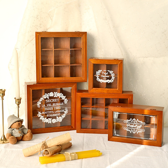Caja de almacenamiento de joyas de madera, caja de bombones con ventana de cristal transparente, rectángulo con flor/sin patrón