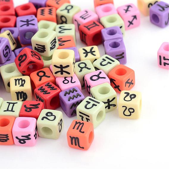 Constellation/Zodiac Sign Opaque Acrylic European Beads, Large Hole Cube Beads