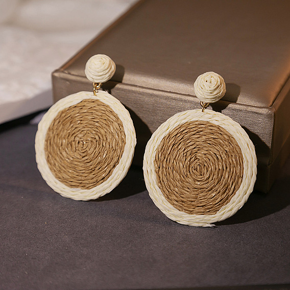 Handmade Round Earrings with Woven Raffia and Ethnic Vintage Charm Pendant