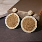 Handmade Round Earrings with Woven Raffia and Ethnic Vintage Charm Pendant