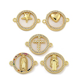 Rack Plating Brass Micro Pave Cubic Zirconia Flat Round Connector Charms, Shell Links, Real 18K Gold Plated, Long-Lasting Plated, Cadmium Free & Lead Free