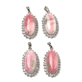 Dyed Natural White Jade Pendants, Brass Crystal Rhinestone Oval Charms, Platinum