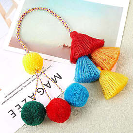 Tassel Boho Pom Pom Handbag Decor, 21 Inch Straw Bag Charms Ornaments For Women, Handmade Decor (Multicolor)