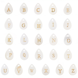 26 шт. 26 стили подвески-капли из натуральных ракушек с золотистыми металлическими буквами, цвет морской раковины