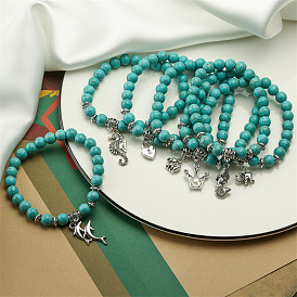 Turquoise Beaded Bracelet Set with Cross Pendant - Vintage Natural Stone Jewelry