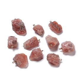 Natural Strawberry Quartz Pendants, with Light Gold Brass Loops, Nuggets