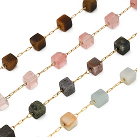 Ручная работа 304 бусины из нержавеющей стали с драгоценными камнями кубические звенья цепи, долговечный, пайки, с катушкой, ионное покрытие (ip), реальный 18 k позолоченный