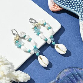 Серьги-кольца в форме ракушки из латуни, с натуральной ракушкой и синтетической бирюзой и натуральным аквамарином, с натуральным культивированным пресноводным жемчугом