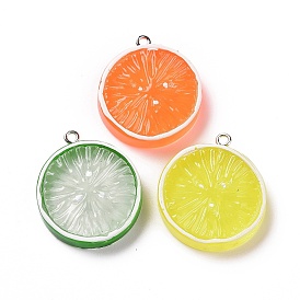 Flat Round Resin Fruit Pendants, Orange Charms, with Platinum Tone Iron Loops