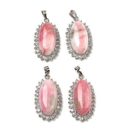 Dyed Natural White Jade Pendants, Brass Crystal Rhinestone Oval Charms, Platinum