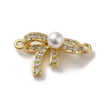Rack Plating Brass Micro Pave Clear Cubic Zirconia Pendants, with Plastic Pearl, Lead Free & Cadmium Free, Long-Lasting Plated, Bowknot