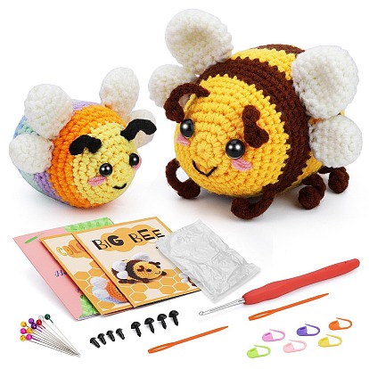 2 Style Bees Yarn Knitting Beginner Kit, including Instruction, Plastic Locking Stitch Marker & Eye & Crochet Hooks, Yarn Needle, Yarns, PP Cotton Stuffing Fiber Filling Material