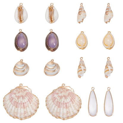 16шт. 8 стили гальванизированные натуральные смешанные подвески из ракушек, подвески в форме ракушек, золотые
