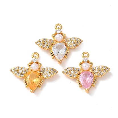 Латунные микро проложить кубического циркония подвески, пчела прелести, с ABS имитации жемчуга, без никеля , реальный 18 k позолоченный