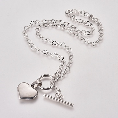 Unisex 304 Stainless Steel Pendant Necklaces, with Heart Link Chains and Toggle Clasps, Heart