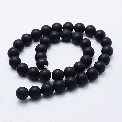 Natural Black Agate Beads Strands, Dyed & Heated, Round, Frosted