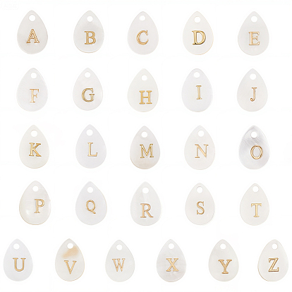 26 шт. 26 стили подвески-капли из натуральных ракушек с золотистыми металлическими буквами, цвет морской раковины