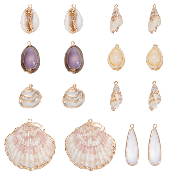 16шт. 8 стили гальванизированные натуральные смешанные подвески из ракушек, подвески в форме ракушек, золотые