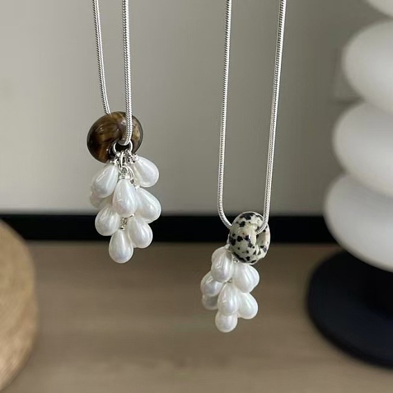 Natural Gemstone Rondelle and Imitation Pearl Beaded Grape Pendant Brass Round Snake Chain Adjustable Slider Necklaces for Women, Silver Color Plated