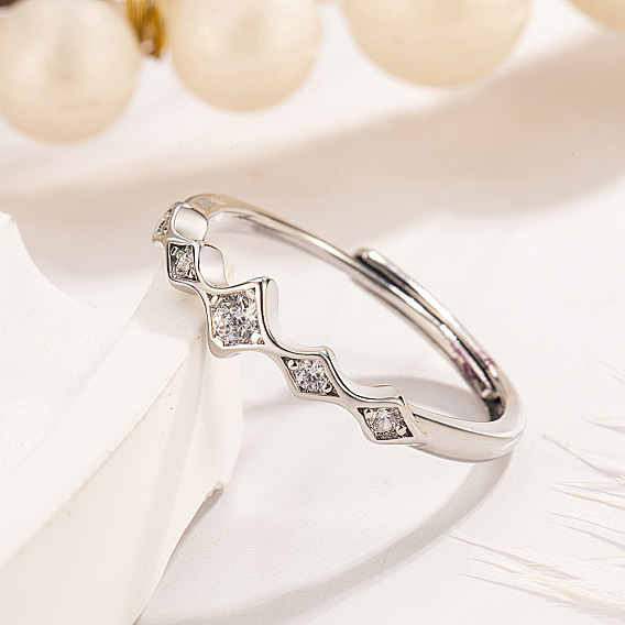 Adjustable Brass Micro Pave Cubic Zirconia Finger Rings, Rhombus