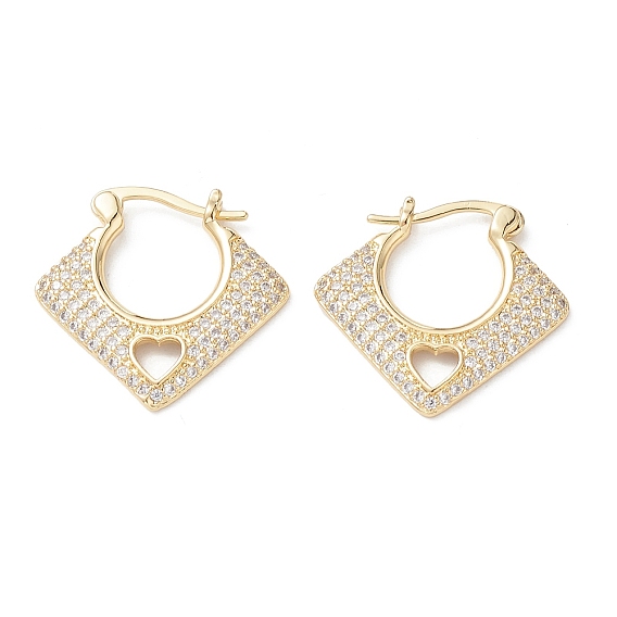 Rhombus with Heart Clear Cubic Zirconia Hoop Earrings, Brass Jewelry for Women