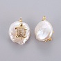 Natural Cultured Freshwater Pearl Pendants, with Brass Micro Pave Cubic Zirconia Cabochons, Nuggets with Tortoise, Clear