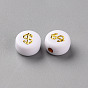 Plating White Acrylic Beads, Flat Round with English Character