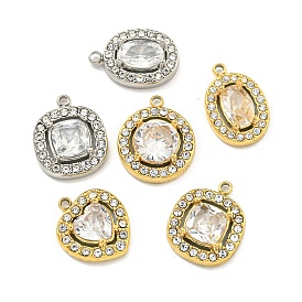 Vacuum Plating 304 Stainless Steel Pendants, with Cubic Zirconia and Rhinestone, Flat Round/Heart/Square/Oval