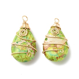 Natural Imperial Jasper Pendants, with Eco-Friendly Copper Wire Wrapped, Dyed, Teardrop