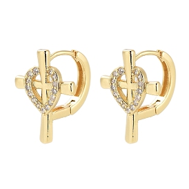 Rack Plating Cross Brass Hoop Earrings, with Clear Cubic Zirconia, Cadmium Free & Lead Free, Long-Lasting Plated