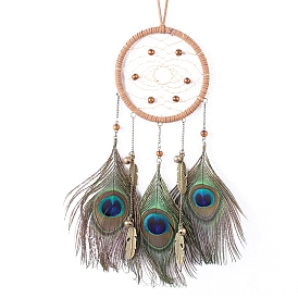 Woven Web/Net with Peacock Feather Wall Hanging Decorations, with ABS Ring and Wood Bead, for Home Bedroom Decorations