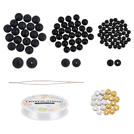 Superfindings bricolage kit de fabrication de bracelet en agate noire naturelle, y compris 100pcs perles rondes en agate noire naturelle mate, Perles d'espacement en strass pcsbrass, fil élastique, 20 aiguilles pcbeading
