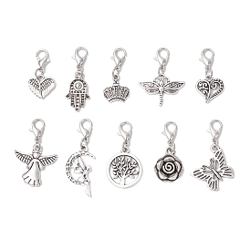10шт 10 стили подвеска из сплава в тибетском стиле украшения, с карабин-лобстерами , разнообразные