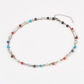 Joyas chakra, Collares multi-hebra de piedras preciosas naturales + sintéticas, Con cadenas de acero inoxidable y pinzas de langosta.