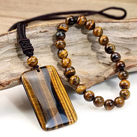 Natural Tiger Eye Round Beads Bracelets & Rectangle Pendant Necklaces Sets for Women, Cotton Cord Necklaces